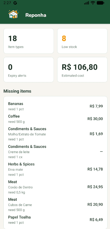 Screens from the Reponha mobile app